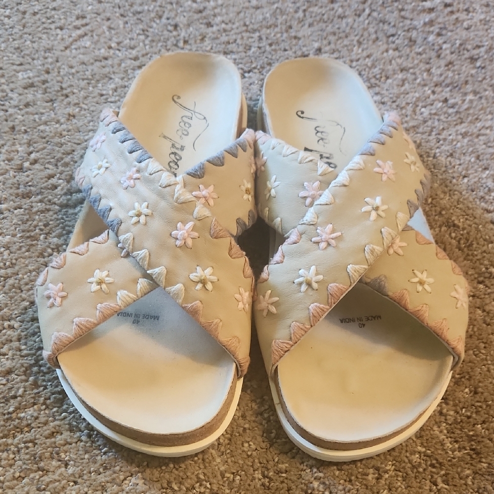 Free People Floral Embroidered Sandals - Cream and Pink